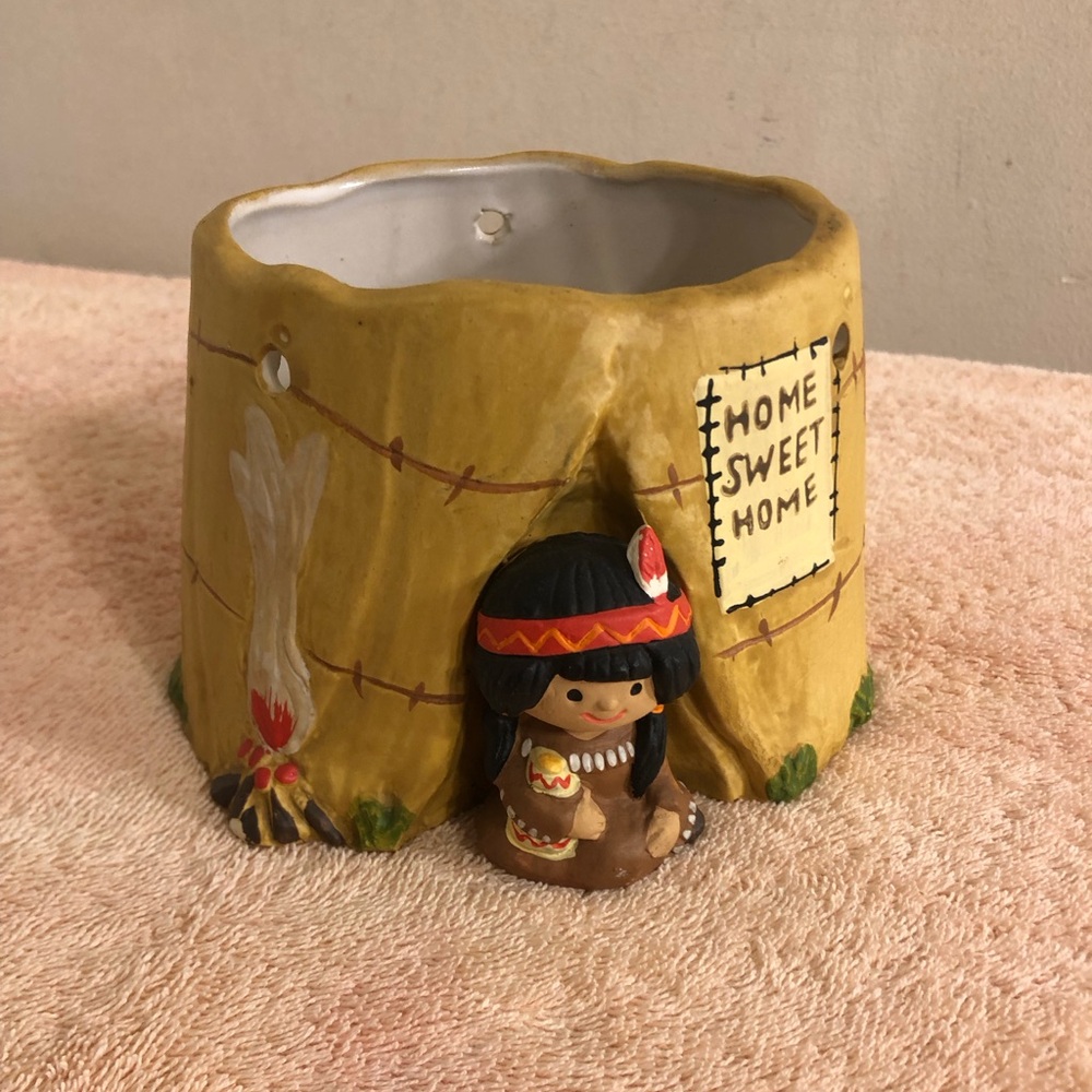 Vintage Indian Girl in Teepee Ceramic Hanging Planter Home Sweet Home